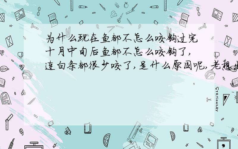 为什么现在鱼都不怎么咬钩过完十月中旬后鱼都不怎么咬钩了,连白条都很少咬了,是什么原因呢,老想出去过过钓瘾,但没鱼咬也着急啊,我是在北方河南这边的,请各位大侠指导.是不是现在鱼都