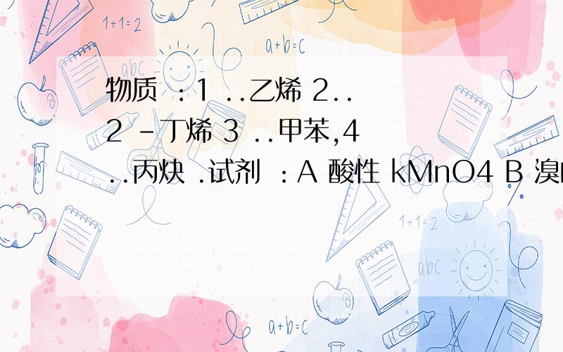 物质 ：1 ..乙烯 2..2 -丁烯 3 ..甲苯,4..丙炔 .试剂 ：A 酸性 kMnO4 B 溴的四氯化碳溶液 C 氢气/催化剂 下列物质与哪些试剂发生反映 ,并写出化学反映方程式 .