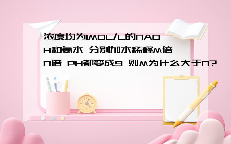 浓度均为1MOL/L的NAOH和氨水 分别加水稀释M倍 N倍 PH都变成9 则M为什么大于N?