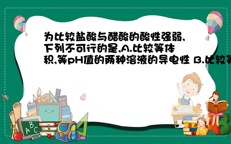 为比较盐酸与醋酸的酸性强弱,下列不可行的是,A.比较等体积,等pH值的两种溶液的导电性 B.比较等体积等pH值的两种溶液与过量锌粉反应产生氢气的量