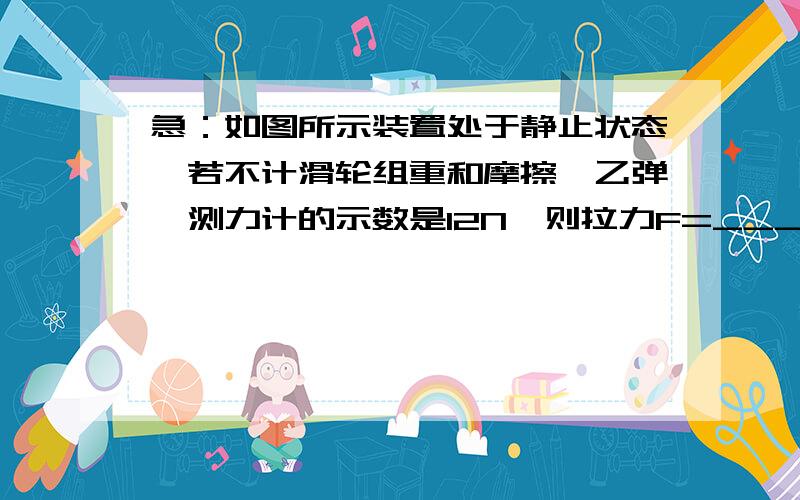 急：如图所示装置处于静止状态,若不计滑轮组重和摩擦,乙弹簧测力计的示数是12N,则拉力F=___N,甲弹簧测如图所示装置处于静止状态,若不计滑轮组重和摩擦,乙弹簧测力计的示数是12N,则拉力F=_