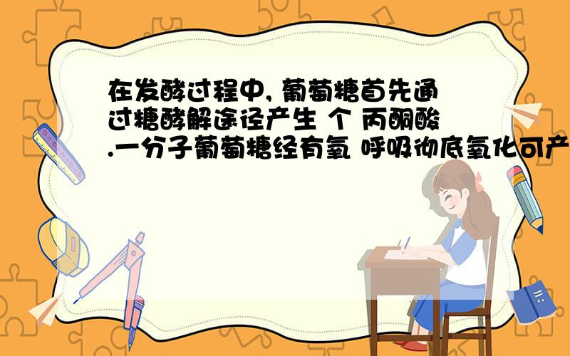 在发酵过程中, 葡萄糖首先通过糖酵解途径产生 个 丙酮酸.一分子葡萄糖经有氧 呼吸彻底氧化可产生 个ATP.