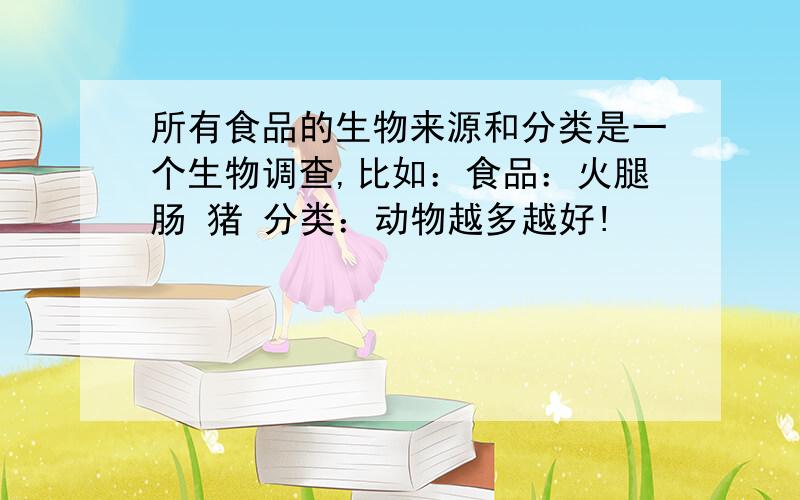 所有食品的生物来源和分类是一个生物调查,比如：食品：火腿肠 猪 分类：动物越多越好!