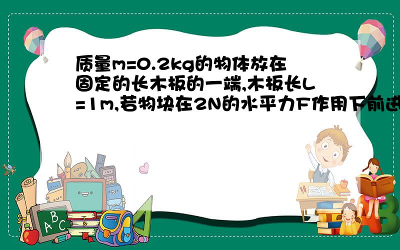 质量m=0.2kg的物体放在固定的长木板的一端,木板长L=1m,若物块在2N的水平力F作用下前进了0.6m时,突然将推力F撤销,设物块与木板间的动摩擦因数M=0.2求物体滑出木板时的速度.望快~