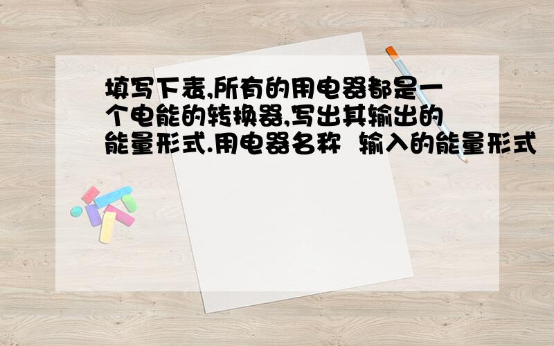 填写下表,所有的用电器都是一个电能的转换器,写出其输出的能量形式.用电器名称  输入的能量形式   输出的能量形式点灯                           （ ）电视机       （ ）电冰箱             电能