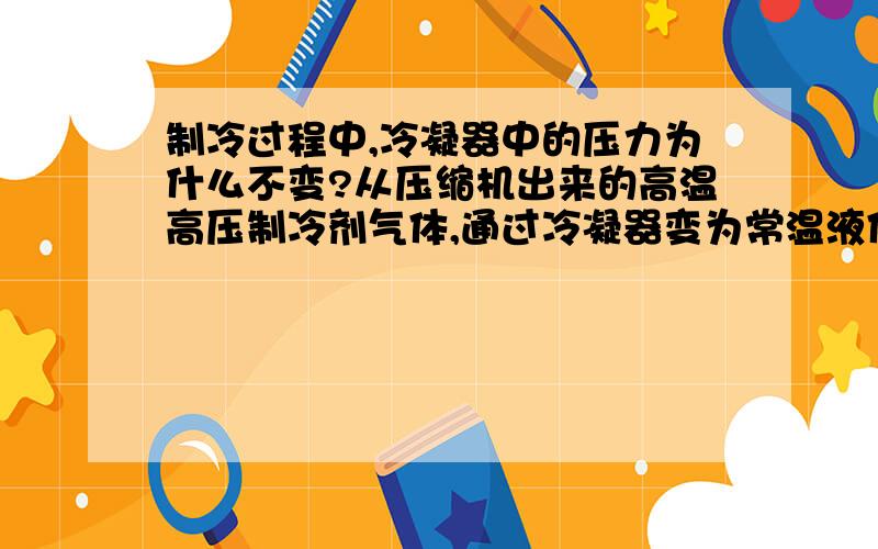 制冷过程中,冷凝器中的压力为什么不变?从压缩机出来的高温高压制冷剂气体,通过冷凝器变为常温液体,那么其压力为什么不变还是高压的呢?制冷剂的温度与压力不是一一对应的么?