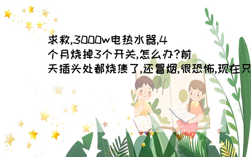 求救,3000w电热水器,4个月烧掉3个开关,怎么办?前天插头处都烧焦了,还冒烟,很恐怖,现在只装了个漏电保护器,还要不要装什么?该选什么样的开关,才不会再被烧掉?