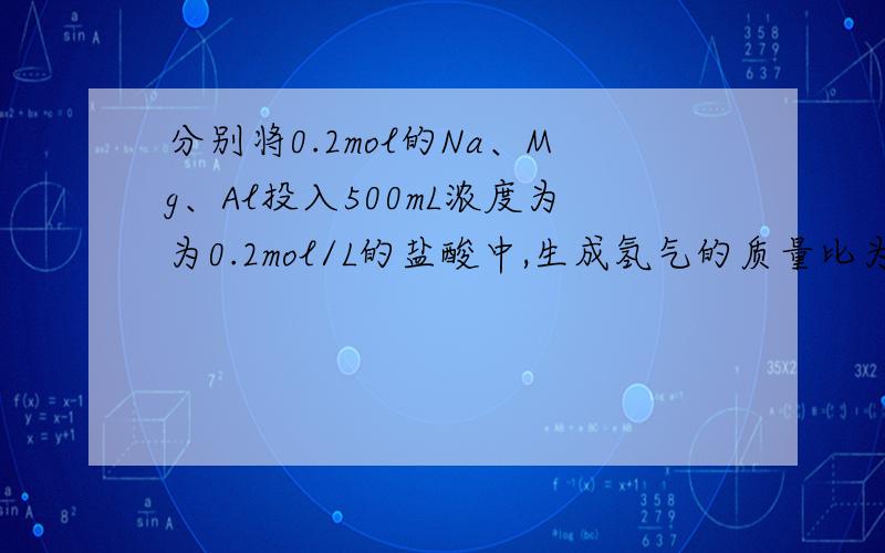 分别将0.2mol的Na、Mg、Al投入500mL浓度为为0.2mol/L的盐酸中,生成氢气的质量比为