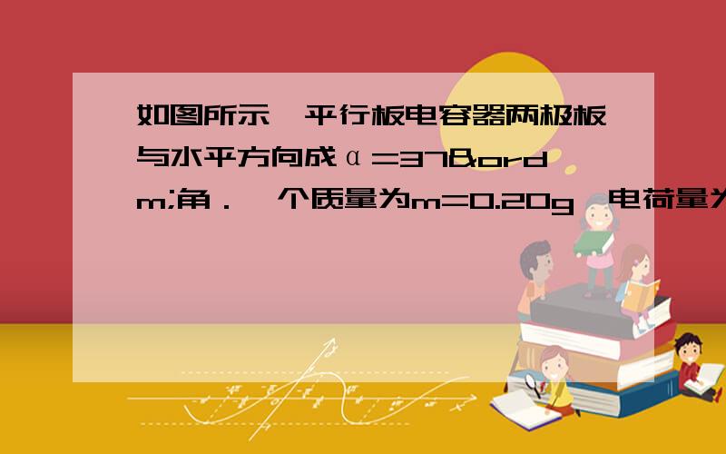 如图所示,平行板电容器两极板与水平方向成α=37º角．一个质量为m=0.20g,电荷量为q=－1.0×10－5C的