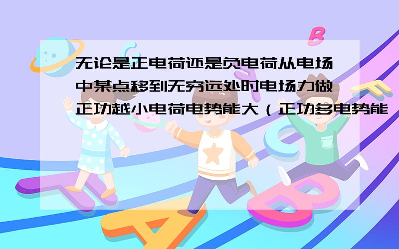 无论是正电荷还是负电荷从电场中某点移到无穷远处时电场力做正功越小电荷电势能大（正功多电势能,但是公式W=qU那电场力做正功越小则W为负当q为负时u为正当w减少时则u增大 u=A电势减无