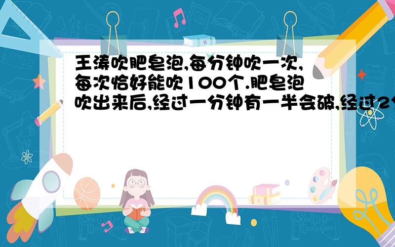 王涛吹肥皂泡,每分钟吹一次,每次恰好能吹100个.肥皂泡吹出来后,经过一分钟有一半会破,经过2分钟只剩没有破.经过两分半钟肥皂泡就全破了.当王涛第20次吹出100个新肥皂泡是,没有破的肥皂