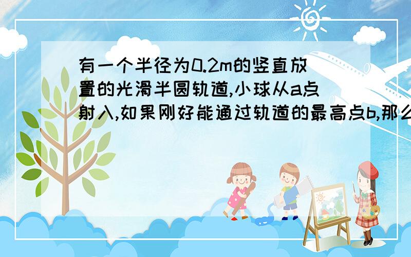 有一个半径为0.2m的竖直放置的光滑半圆轨道,小球从a点射入,如果刚好能通过轨道的最高点b,那么小球在a点的速度应该是多大,小球从b点射出后再落回水平地面时距a点多远