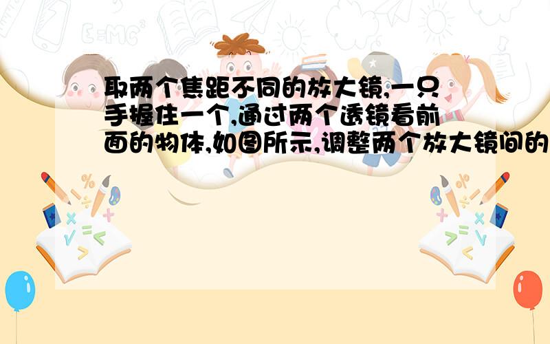 取两个焦距不同的放大镜,一只手握住一个,通过两个透镜看前面的物体,如图所示,调整两个放大镜间的距离看到答案是物体变大了,前后对调,物体就变小了,因此只有物镜焦距长、目镜焦距短时