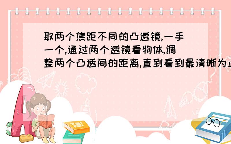 取两个焦距不同的凸透镜,一手一个,通过两个透镜看物体,调整两个凸透间的距离,直到看到最清晰为止.（1）物体是放大了还是缩小了?（2）把两个凸透镜位置前后对调,物体有什么变化?（3）