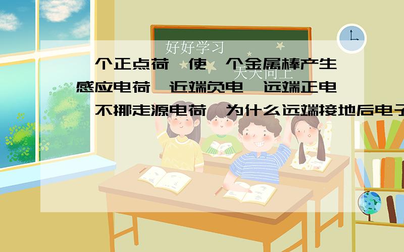 一个正点荷,使一个金属棒产生感应电荷,近端负电,远端正电,不挪走源电荷,为什么远端接地后电子从大地中跑出来把远端正点能恰好中和啊?接地不是是带电体电势为零吗?如果这样,一端为负