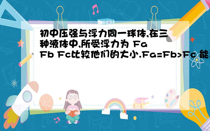 初中压强与浮力同一球体,在三种液体中,所受浮力为 Fa Fb Fc比较他们的大小.Fa=Fb>Fc 能否讲解一下为什么.并说明一下福利在什么情况下相等.