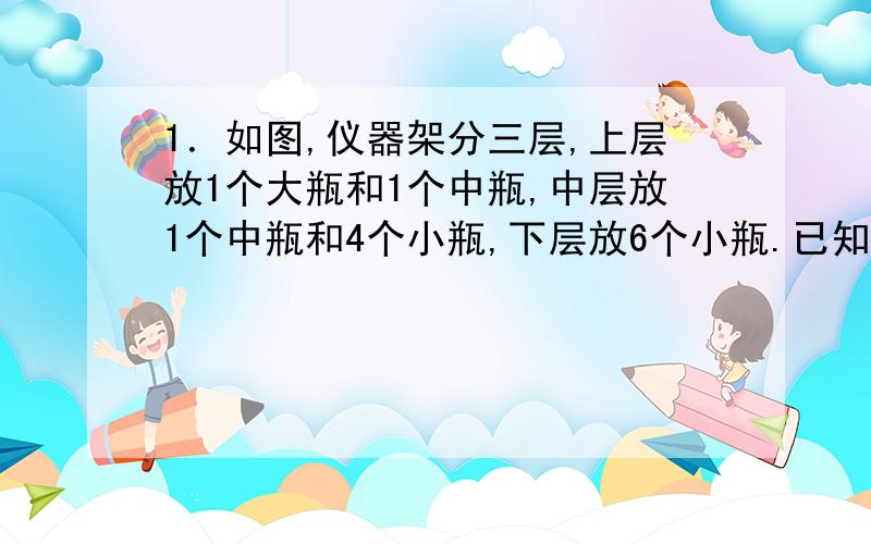 1．如图,仪器架分三层,上层放1个大瓶和1个中瓶,中层放1个中瓶和4个小瓶,下层放6个小瓶.已知每层存放的药水量是一样多的,且这个仪器架上存放的药水共36千克.大瓶和中瓶中存放的药水共有