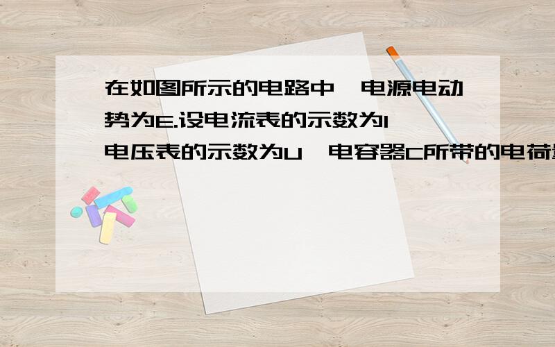 在如图所示的电路中,电源电动势为E.设电流表的示数为I,电压表的示数为U,电容器C所带的电荷量为Q.将滑动变阻器R1的滑动触头P向上移动,待电流达到稳定后,则与P移动前相比（ AC ）A.若电源内