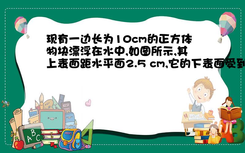 现有一边长为10cm的正方体物块漂浮在水中,如图所示,其上表面距水平面2.5 cm,它的下表面受到的水的压力是多大?它的浮力多大?木块的密度是多少?( g=10N/kg)