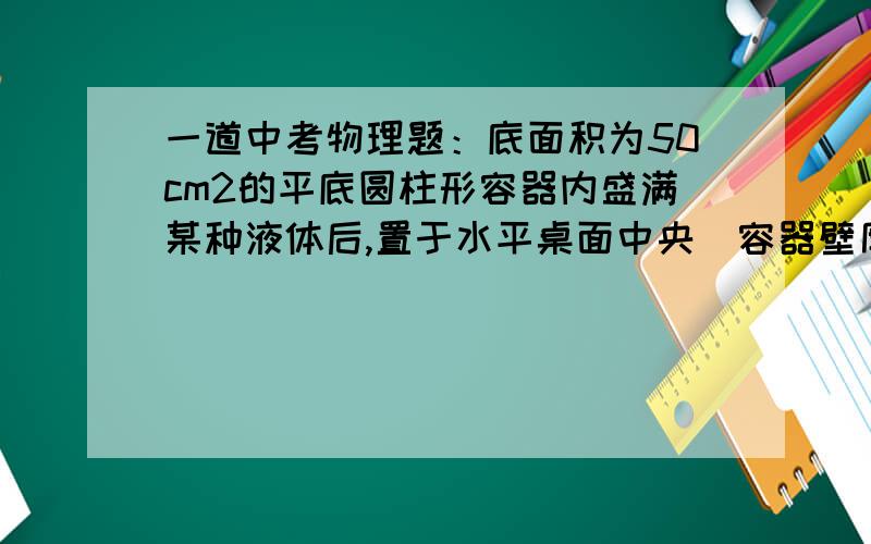 一道中考物理题：底面积为50cm2的平底圆柱形容器内盛满某种液体后,置于水平桌面中央（容器壁厚度不计）现将一个质量为0.08kg的金属块A用轻质细线悬挂在弹簧测力计下,再缓慢浸没于容器