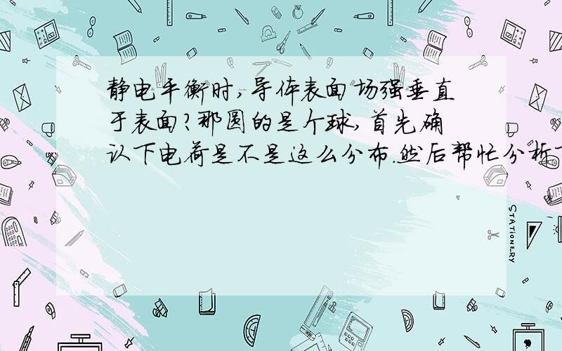 静电平衡时,导体表面场强垂直于表面?那圆的是个球,首先确认下电荷是不是这么分布.然后帮忙分析下最上面的红点的场强方向.