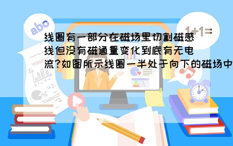 线圈有一部分在磁场里切割磁感线但没有磁通量变化到底有无电流?如图所示线圈一半处于向下的磁场中,此时线圈垂直屏幕向外运动,下部分线圈切割磁感线产生电动势,而上部分没有磁场没有