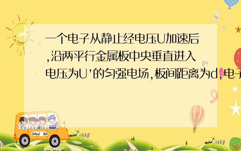 一个电子从静止经电压U加速后,沿两平行金属板中央垂直进入电压为U'的匀强电场,板间距离为d,电子恰好沿板的边缘射出电场,球电子离开电场时速度的大小