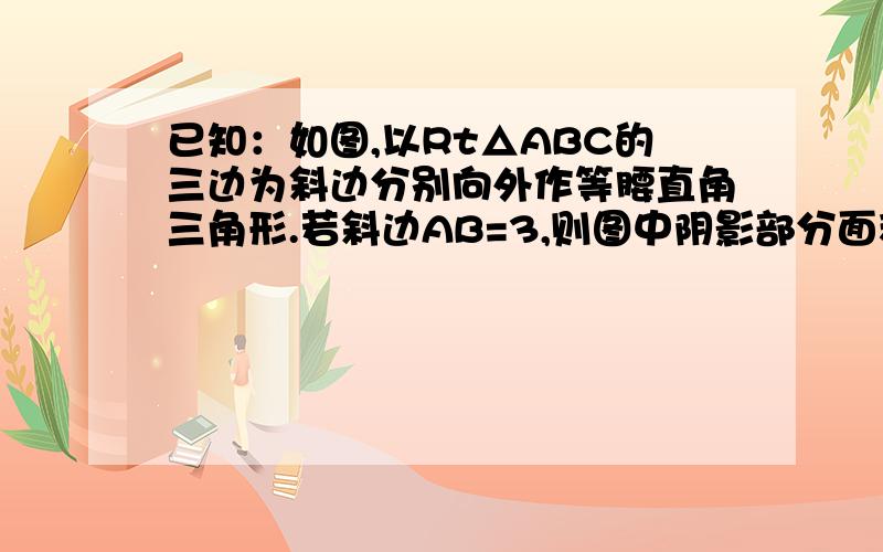 已知：如图,以Rt△ABC的三边为斜边分别向外作等腰直角三角形.若斜边AB=3,则图中阴影部分面积为?