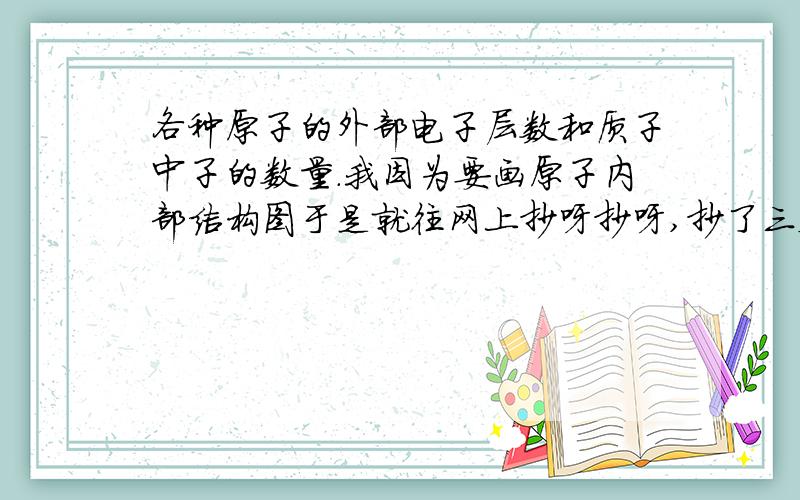 各种原子的外部电子层数和质子中子的数量.我因为要画原子内部结构图于是就往网上抄呀抄呀,抄了三天才抄了30多个.