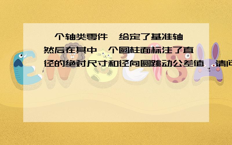 一个轴类零件,给定了基准轴,然后在其中一个圆柱面标注了直径的绝对尺寸和径向圆跳动公差值​请问,这个公差值应该是在绝对尺寸的基础上加呢还是对半分?如图,径向圆跳动是加在绝对