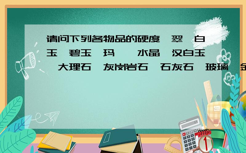 请问下列各物品的硬度翡翠,白玉,碧玉,玛瑙,水晶,汉白玉,大理石,灰岗岩石,石灰石,玻璃,金,钢,铁,铜,和木头.如再说比重就太谢谢了.