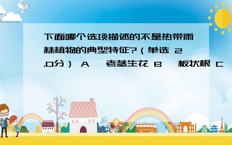 下面哪个选项描述的不是热带雨林植物的典型特征?（单选 2.0分） A、 老茎生花 B、 板状根 C、身被白色绒毛 D、 滴水叶尖