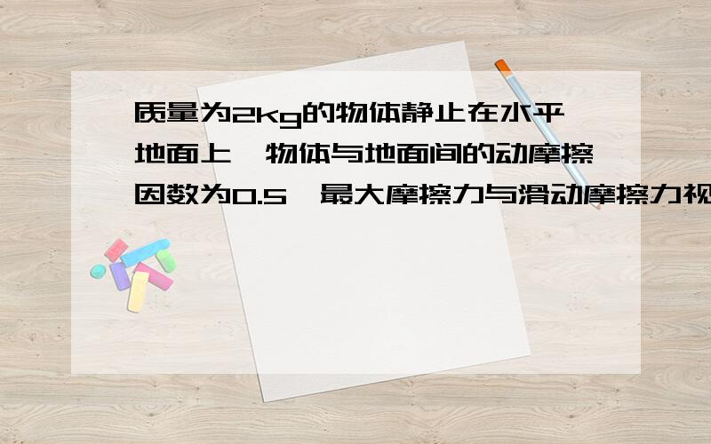 质量为2kg的物体静止在水平地面上,物体与地面间的动摩擦因数为0.5,最大摩擦力与滑动摩擦力视为相等给物体一水平拉力.（1）当拉力大小为5N时,地面对物体的摩擦力多大? （2）当拉力为12N时