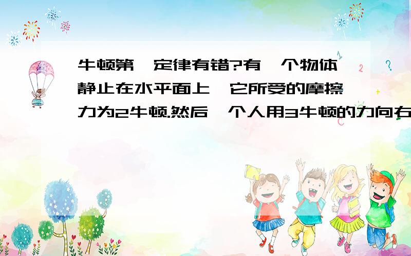 牛顿第一定律有错?有一个物体静止在水平面上,它所受的摩擦力为2牛顿.然后一个人用3牛顿的力向右拖动它,此物体向右匀速运动.那么他的摩擦力是2牛顿还是3牛顿?根据牛顿第一定律,物体静