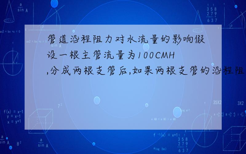 管道沿程阻力对水流量的影响假设一根主管流量为100CMH,分成两根支管后,如果两根支管的沿程阻力都是1公斤,那么理论上两根支管的流量都是50CMH,假如在一根支管上增加一台阻力为0.5公斤的设