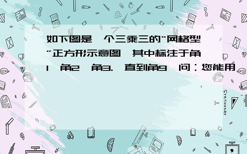 如下图是一个三乘三的“网格型”正方形示意图,其中标注于角1、角2、角3.一直到角9,问：您能用一种巧妙如题问：您能用一种巧妙的方法迅速求出这9个角的和吗？