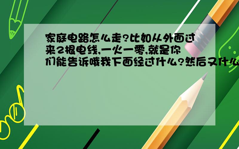 家庭电路怎么走?比如从外面过来2根电线,一火一零,就是你们能告诉哦我下面经过什么?然后又什么然后……,最后……吗?就比如先走电度表阿还是先走开关阿,还是走什么阿,就是你们能把走哪