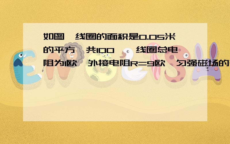 如图,线圈的面积是0.05米的平方,共100匝,线圈总电阻为1欧,外接电阻R=9欧,匀强磁场的磁感应强度为B...如图,线圈的面积是0.05米的平方,共100匝,线圈总电阻为1欧,外接电阻R=9欧,匀强磁场的磁感应