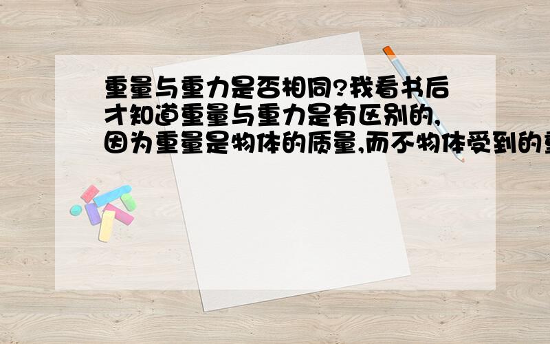 重量与重力是否相同?我看书后才知道重量与重力是有区别的,因为重量是物体的质量,而不物体受到的重力,请大家一起讨论.