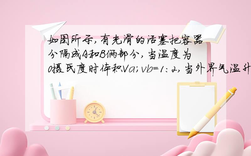 如图所示,有光滑的活塞把容器分隔成A和B俩部分,当温度为0摄氏度时体积Va;vb=1:2,当外界气温升到273摄氏度活塞( ) (A在左边)A不动 B向右移动C向左移动 D不能判定