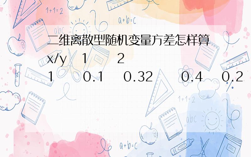 二维离散型随机变量方差怎样算x/y   1      21      0.1    0.32      0.4    0.2                     求D(X)   D(Y)   标准协方差.谢谢