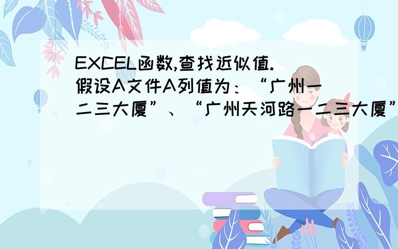 EXCEL函数,查找近似值.假设A文件A列值为：“广州一二三大厦”、“广州天河路一二三大厦”、“广州天河路西一街一二三大厦”、“广州三四五大厦”……B文件A列值为：“一二三大厦”、