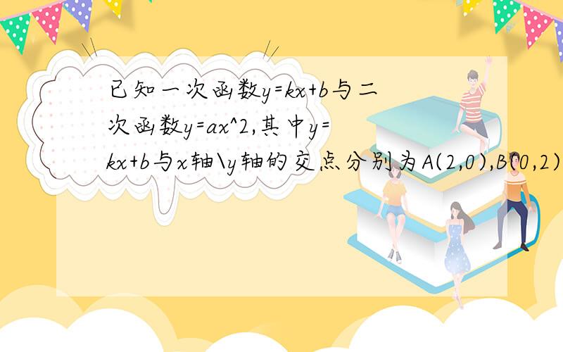 已知一次函数y=kx+b与二次函数y=ax^2,其中y=kx+b与x轴\y轴的交点分别为A(2,0),B(0,2)；与二次函数图像的交点为P,Q,且他们的纵坐标之比为1:4,求两函数解析式