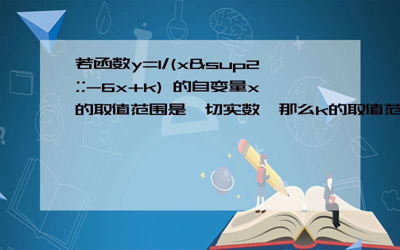 若函数y=1/(x²;-6x+k) 的自变量x的取值范围是一切实数,那么k的取值范围是过程尽量具体易懂 好的话 额外给分 速度啊