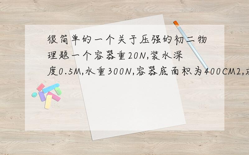 很简单的一个关于压强的初二物理题一个容器重20N,装水深度0.5M,水重300N,容器底面积为400CM2,求(1)容器底部受到水的压强是多少?(2)容器底部受到水的压力(3)地面受到的压力(4)地面受到的压强.