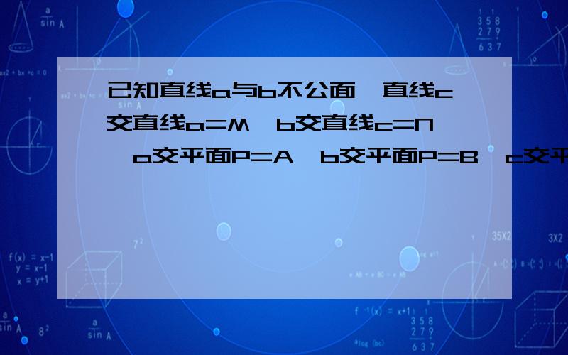 已知直线a与b不公面,直线c交直线a=M,b交直线c=N,a交平面P=A,b交平面P=B,c交平面P=C求证：三点A,B,C不共线