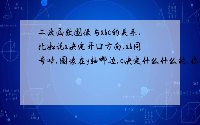 二次函数图像与abc的关系,比如说a决定开口方向,ab同号时,图像在y轴哪边,c决定什么什么的.你只要把这些关系给我就行了.不要太多的什么知识要点.