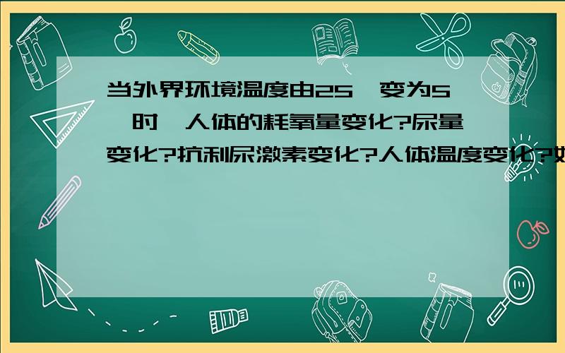 当外界环境温度由25℃变为5℃时,人体的耗氧量变化?尿量变化?抗利尿激素变化?人体温度变化?如果是青蛙又怎么变呢?