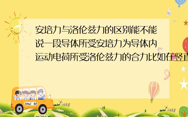 安培力与洛伦兹力的区别能不能说一段导体所受安培力为导体内运动电荷所受洛伦兹力的合力比如在竖直向下的匀强磁场中,一段东西放置的导体通以自东向西的电流,同时导体向北运动,那么