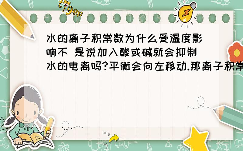 水的离子积常数为什么受温度影响不 是说加入酸或碱就会抑制水的电离吗?平衡会向左移动.那离子积常数也应该减小啊.而温度对水的离子积常数的影响不也是因为温度升高而促进水的电离,